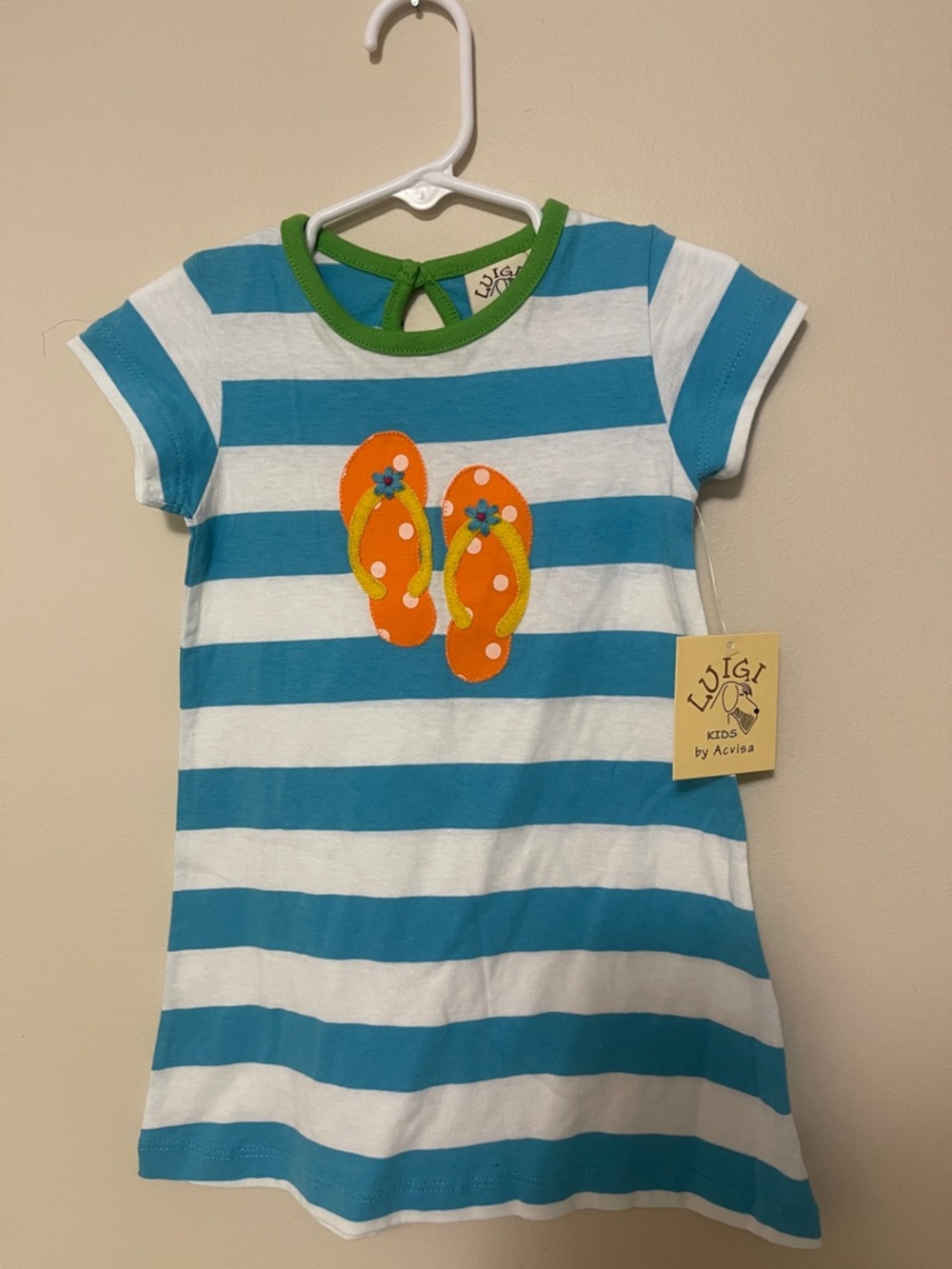Luigi Kids Blue & White Stripe Dress with Orange Flip-Flop Applique